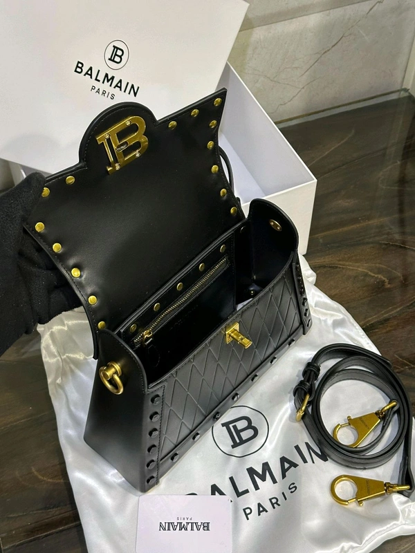 Balmain_ B-Buzz Glazed Black Leather Dynasty Bag - Black, 23 × 15 × 7