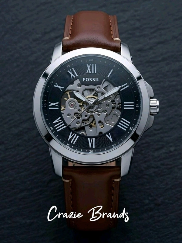 Fossil_ Grant ME3099 Automatic Watch, featuring a skeleton dial and leather strap For men