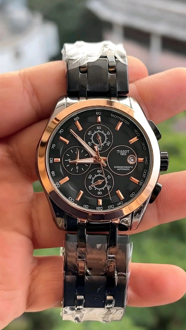TISSOT_ COUTURIER_ Chronograph watch with a black dial, Rose Gold accents, and a Black stainless steel Metal For Men