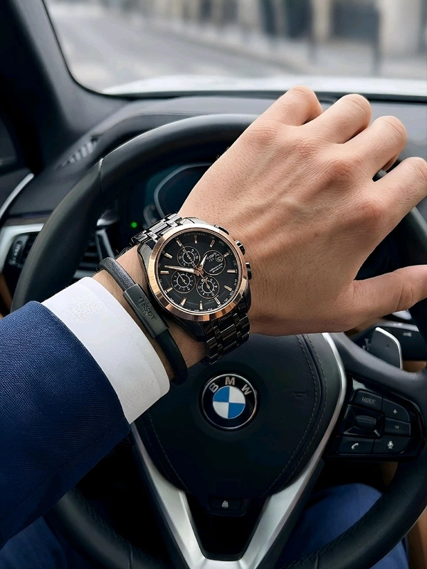 TISSOT_ COUTURIER_ Chronograph watch with a black dial, Rose Gold accents, and a Black stainless steel Metal For Men