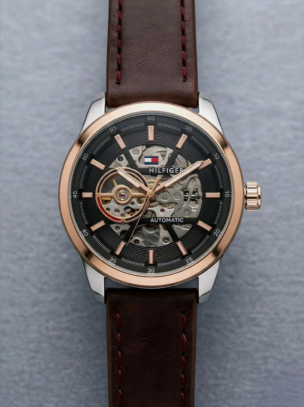 TOMMY_ HILFIGER_ Skeleton Black Dial Automatic Watch For Men - Original watch box not included