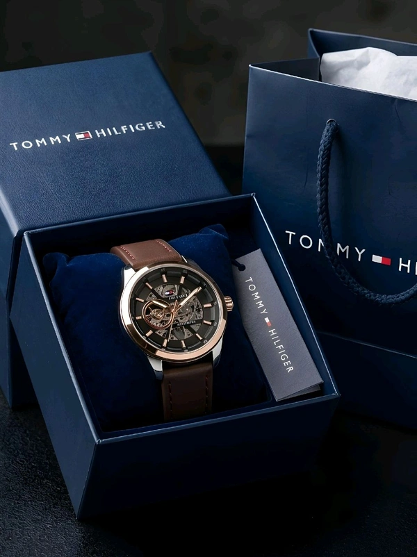 TOMMY_ HILFIGER_ Skeleton Black Dial Automatic Watch For Men - Original watch box not included