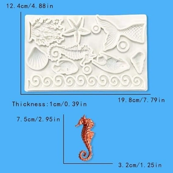 The Baking Curv Fondant Mold, 3D Ocean Animal Silicone Mermaid Mold, Seahorse, Seaweed, Shell, Decorative, Silicone Molding