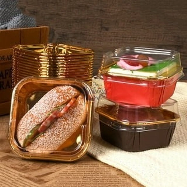 The Baking Curv Rectangle & Square Foil Containers with Lid 3x3 – Multipurpose, Disposable, Leakproof Aluminum Trays for Baking, Storage & Takeaway - 4x4, Golden, Pack Of 25