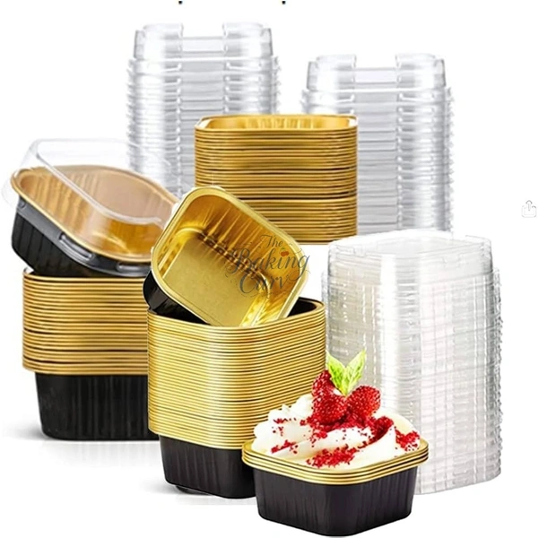 The Baking Curv Rectangle & Square Foil Containers with Lid 3x3 – Multipurpose, Disposable, Leakproof Aluminum Trays for Baking, Storage & Takeaway - 4x4, Golden, Pack Of 25