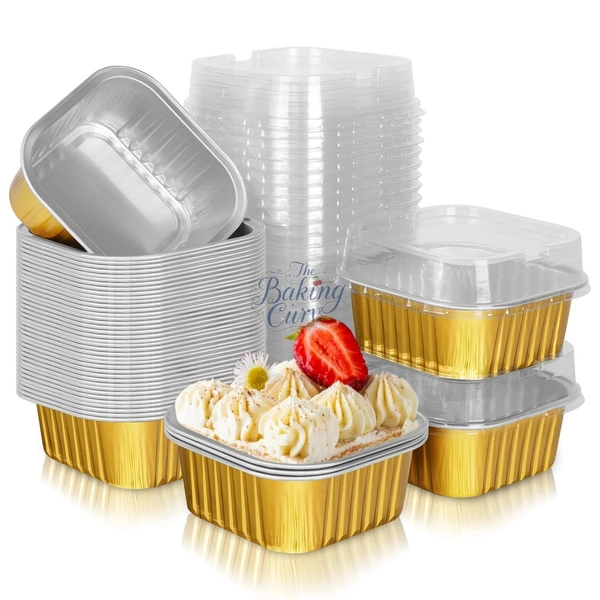 The Baking Curv Rectangle & Square Foil Containers with Lid 3x3 – Multipurpose, Disposable, Leakproof Aluminum Trays for Baking, Storage & Takeaway - 4x4, Golden, Pack Of 25