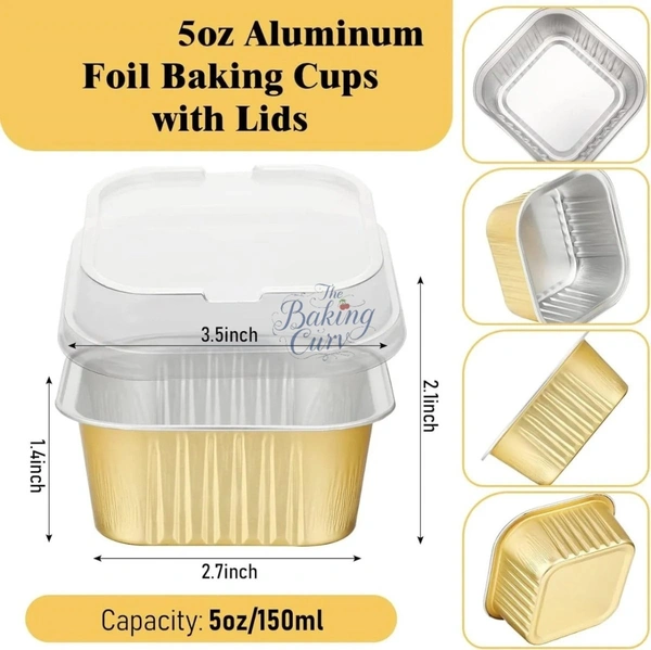The Baking Curv Rectangle & Square Foil Containers with Lid 3x3 – Multipurpose, Disposable, Leakproof Aluminum Trays for Baking, Storage & Takeaway - 4x4, Golden, Pack Of 25