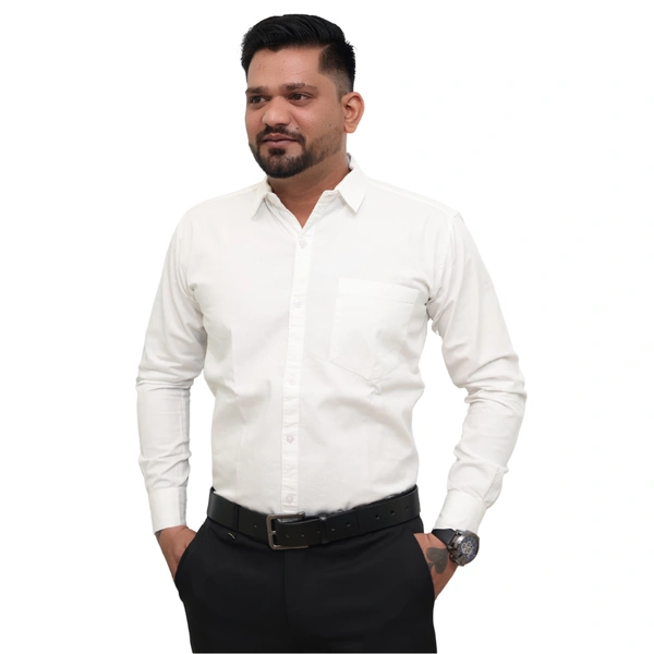 Look Me Apparel Men Solid White Regular Fit Full Sleeve Cotton Blend Formal Shirt with Spread Collar - L, White