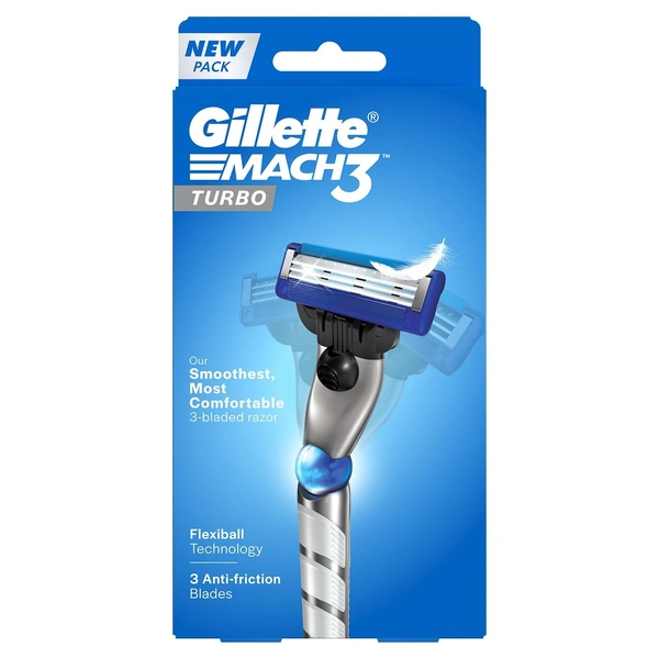 Gillette Mach 3 Turbo Shaving Razor for Men | Most Comfortable shave | Flexiball & Dynamic Pivot for Safe shave | Anti-Friction Blades & Lubricating Strip for smooth shave and sensitive skin