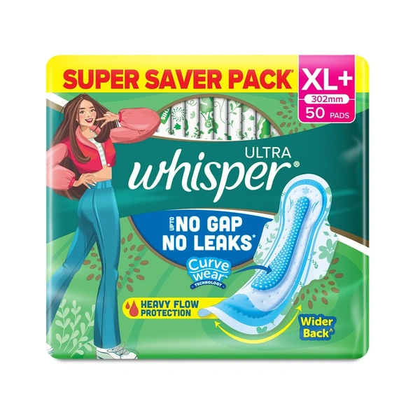 WHISPER ULTRA HYGIENE+COMFORT SANITARY PADS, 50 XL+ PADS, FOR HEAVY FLOW, LONG LASTING PROTECTION, LOCKS ODOUR & WETNESS, DRY TOP SHEET, DISPOSABLE WRAPPER
