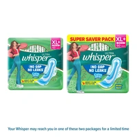 WHISPER ULTRA HYGIENE+COMFORT SANITARY PADS, 50 XL+ PADS, FOR HEAVY FLOW, LONG LASTING PROTECTION, LOCKS ODOUR & WETNESS, DRY TOP SHEET, DISPOSABLE WRAPPER