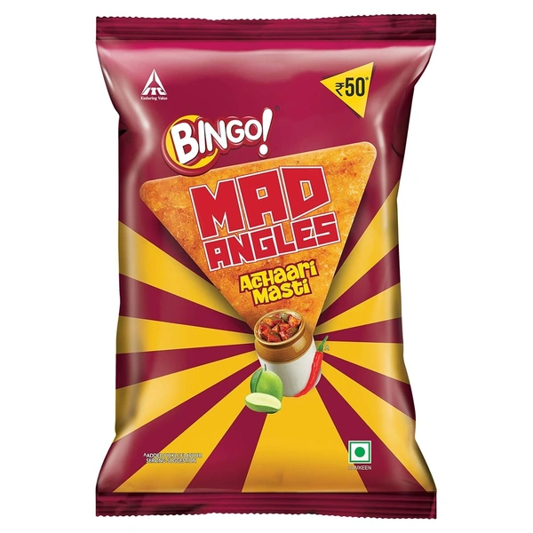 Bingo! Mad Angles Achaari Masti – Desi Mango Pickle Flavour Crunchy Triangle Chips | Tasty Snack for Any Time Cravings - 60gm