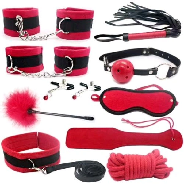 10 PCs Fetish Bondage Restraints Kit - Couple, Red, Leather