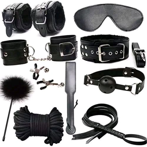 10 PCs Fetish Bondage Restraints Kit - Couple, Red, Leather