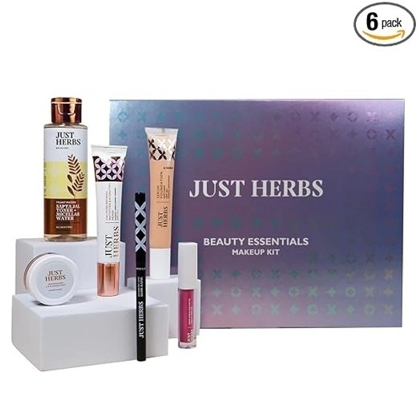 Just Herbs Makeup Kit for Women with Kohl Kajal, 3 in 1 Primer, Liquid Lipstick, Serum Foundation SPF 30+, Saptajal Makeup Removal Toner and Lip & Cheeck Tint (Gift Set)