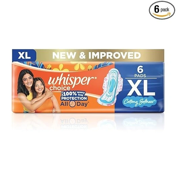 Whisper Choice Sanitary Pads for Women, XL, 6 Napkins (Pack of 1)