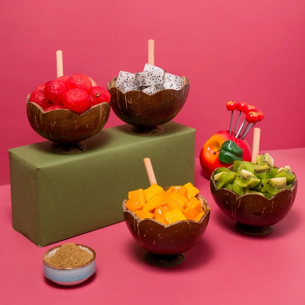 Natural Coconut Bowl Set with Spoons, 4 Pieces, Handcrafted Serving Bowls with Stand