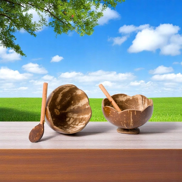 Floral Coconut Shell Bowl with Spoon | Handmade | 100% ecofriendly & Sustainable | 200-250 ml | Set of 2