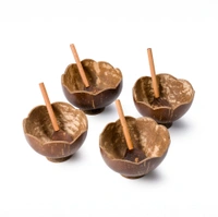 Natural Coconut Bowl Set with Spoons, 4 Pieces, Handcrafted Serving Bowls with Stand