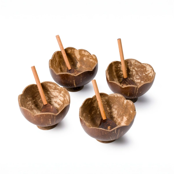 Natural Coconut Bowl Set with Spoons, 4 Pieces, Handcrafted Serving Bowls with Stand
