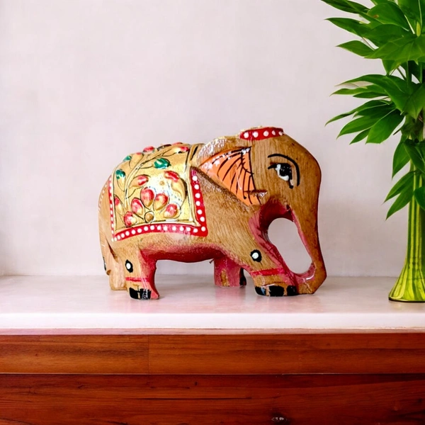 Artistic Wooden Elephant Figurine | Handcrafted & Handpainted - 2 in, 1.5 in, 3 in
