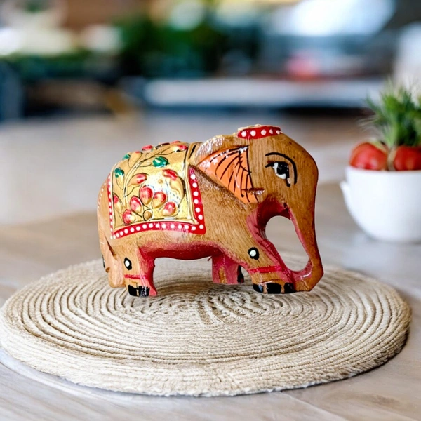 Artistic Wooden Elephant Figurine | Handcrafted & Handpainted - 2 in, 1.5 in, 3 in
