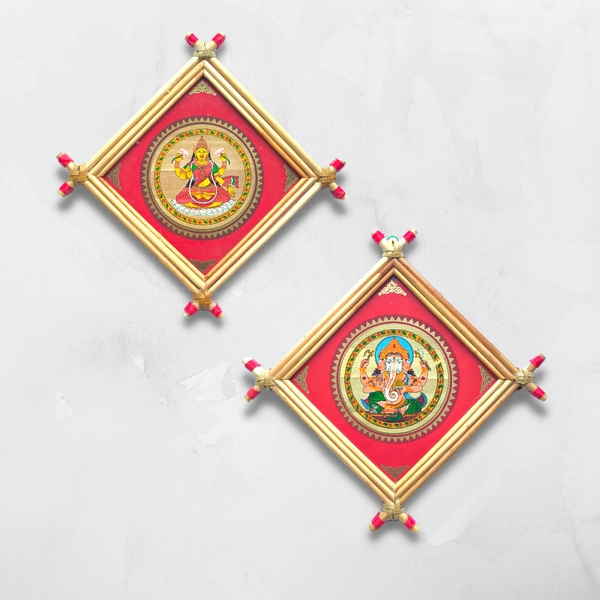 Divine Laxmi and Ganesh Handprinted Palm Leaf Artwork