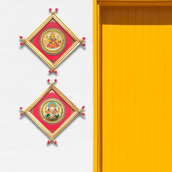 Divine Laxmi and Ganesh Handprinted Palm Leaf Artwork - 0.5 in, 5 in, 5 in