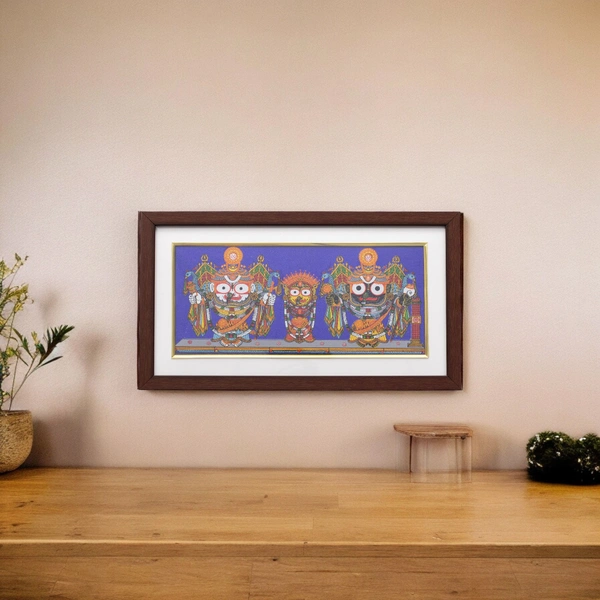 Elegant Pattachitra Painting of Lord Jagannath, Balabhadra, and Subhadra on Tussar Silk (Nagarjuna Besha) 13 X 7 Inches - 0.5 in, 12 in, 7 in