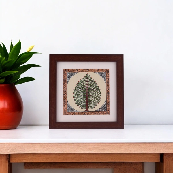 Elegant Tree of Life Pattachitra Table Top Painting on Tussar Silk - 0.5 in, 6.5 in, 6.5 in