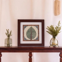 Elegant Tree of Life Pattachitra Table Top Painting on Tussar Silk - 0.5 in, 6.5 in, 6.5 in