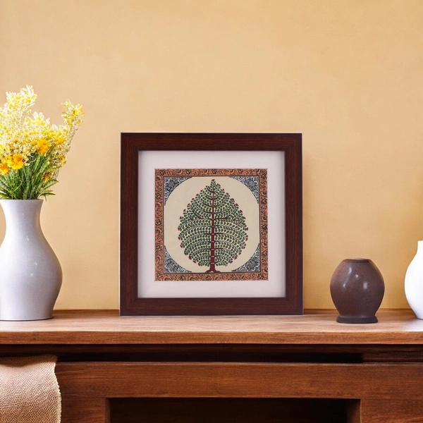 Elegant Tree of Life Pattachitra Table Top Painting on Tussar Silk - 0.5 in, 6.5 in, 6.5 in