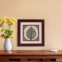 Elegant Tree of Life Pattachitra Table Top Painting on Tussar Silk - 0.5 in, 6.5 in, 6.5 in