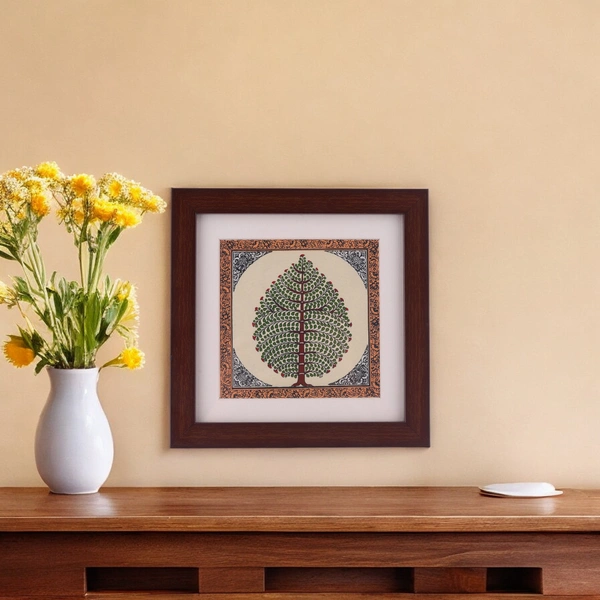 Elegant Tree of Life Pattachitra Table Top Painting on Tussar Silk - 0.5 in, 6.5 in, 6.5 in