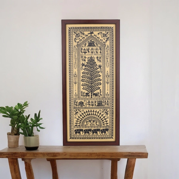 Hand Printed Black Saura Tribal Painting on Tussar Silk | Framed Artwork - 0.5 in, 10 in, 22 in
