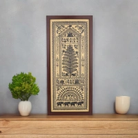 Hand Printed Black Saura Tribal Painting on Tussar Silk | Framed Artwork - 0.5 in, 10 in, 22 in