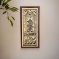 Hand Printed Black Saura Tribal Painting on Tussar Silk | Framed Artwork - 0.5 in, 10 in, 22 in