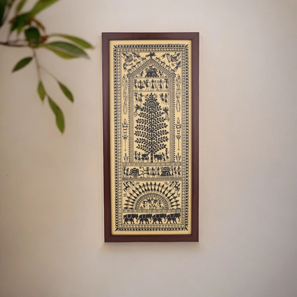 Hand Printed Black Saura Tribal Painting on Tussar Silk | Framed Artwork - 0.5 in, 10 in, 22 in