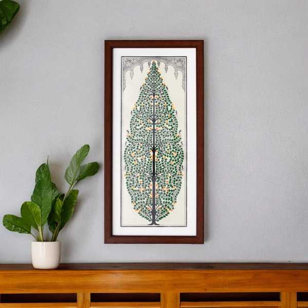 Hand Printed Pattachitra Tree of Life on Tussar Silk Painting - 0.5 in, 9 in, 19 in