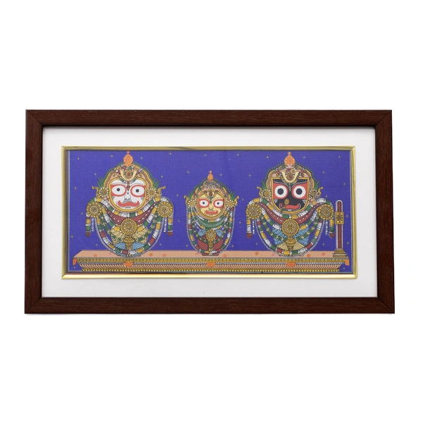 Handpainted Lord Jagannath, Balabhadra, and Subhadra Pattachitra on Tussar Silk (Badasinghara Besha) 13 X 7 Inches - 0.5 in, 13 in, 7 in