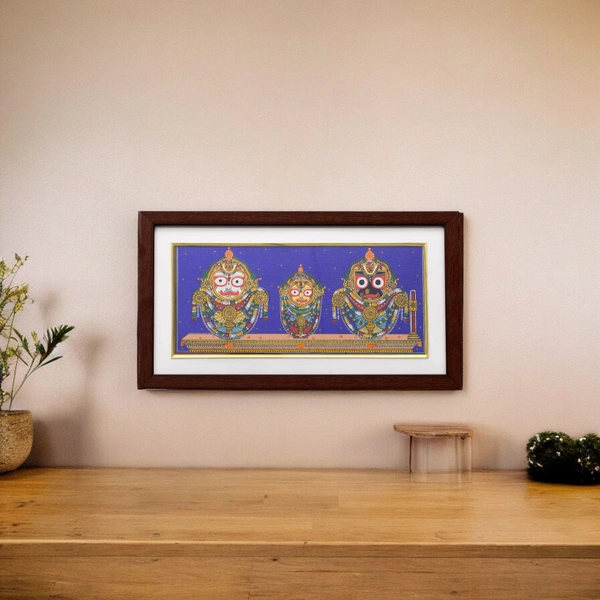 Handpainted Lord Jagannath, Balabhadra, and Subhadra Pattachitra on Tussar Silk (Badasinghara Besha) 13 X 7 Inches - 0.5 in, 13 in, 7 in