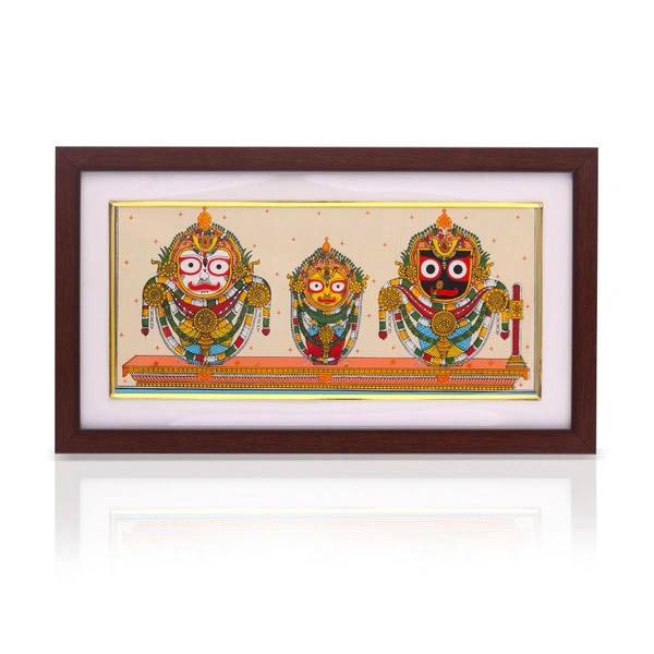 Handpainted Lord Jagannath, Balabhadra, and Subhadra Pattachitra Painting on Tussar Silk (Badasinghara Besha) 13 X 7 Inches - 0.5 in, 13 in, 7 in