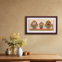Handpainted Lord Jagannath, Balabhadra, and Subhadra Pattachitra Painting on Tussar Silk (Badasinghara Besha) 13 X 7 Inches - 0.5 in, 13 in, 7 in