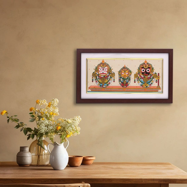 Handpainted Lord Jagannath, Balabhadra, and Subhadra Pattachitra Painting on Tussar Silk (Badasinghara Besha) 13 X 7 Inches - 0.5 in, 13 in, 7 in