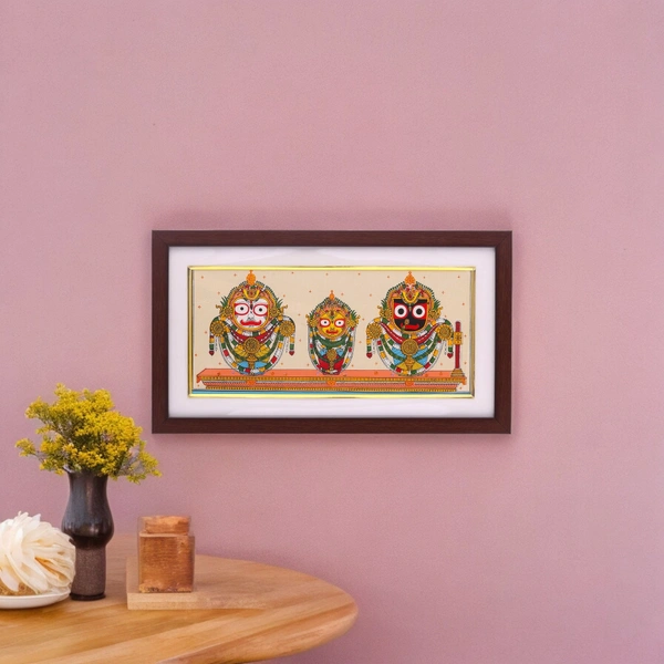 Handpainted Lord Jagannath, Balabhadra, and Subhadra Pattachitra Painting on Tussar Silk (Badasinghara Besha) 13 X 7 Inches - 0.5 in, 13 in, 7 in