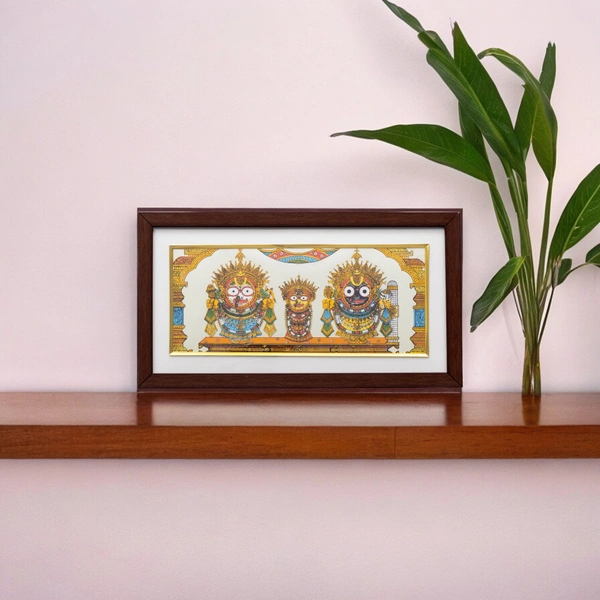 Handpainted Lord Jagannath, Balabhadra, and Subhadra Pattachitra Painting on Tussar Silk (Suna Besha) 13 X 7 Inches - 0.5 in, 13 in, 7 in