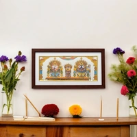 Handpainted Lord Jagannath, Balabhadra, and Subhadra Pattachitra Painting on Tussar Silk (Suna Besha) 13 X 7 Inches - 0.5 in, 13 in, 7 in