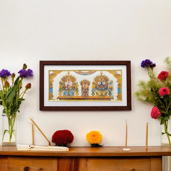 Handpainted Lord Jagannath, Balabhadra, and Subhadra Pattachitra Painting on Tussar Silk (Suna Besha) 13 X 7 Inches - 0.5 in, 13 in, 7 in