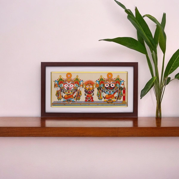 Handprinted Lord Jagannath, Balabhadra, and Subhadra Pattachitra Painting on Tussar Silk (Nagarjuna Besha) 13 X 7 Inches - 0.5 in, 12 in, 7 in