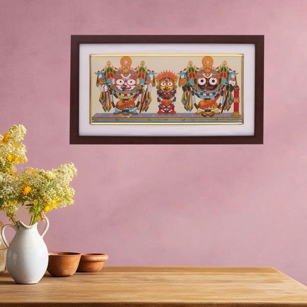 Handprinted Lord Jagannath, Balabhadra, and Subhadra Pattachitra Painting on Tussar Silk (Nagarjuna Besha) 13 X 7 Inches - 0.5 in, 12 in, 7 in